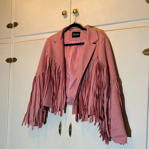 Chartou Women's Faux Suede Moto Biker Jacket Chic Cropped Tassel Fringe - Picture 3 of 11